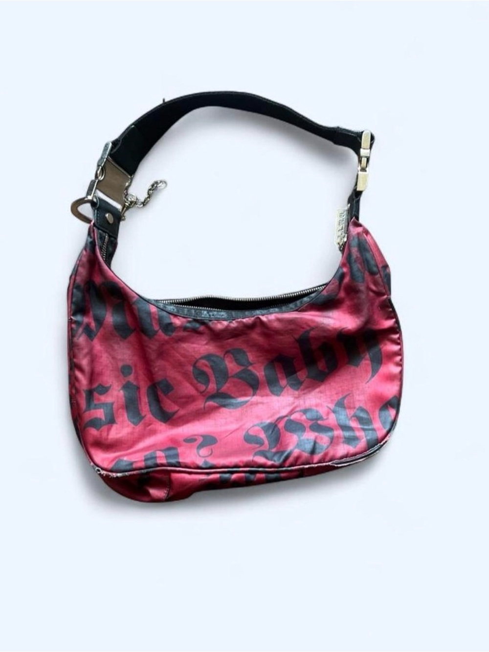 Lesportsac Red Satin Shoulder Bag with Black Script Print